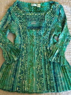 Y2K Laura Ashley Turquoise Green Patterned Smocked Long-Sleeve Top